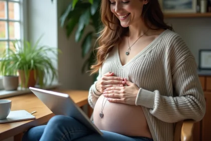 Femme enceinte portant un collier de grossesse en argent