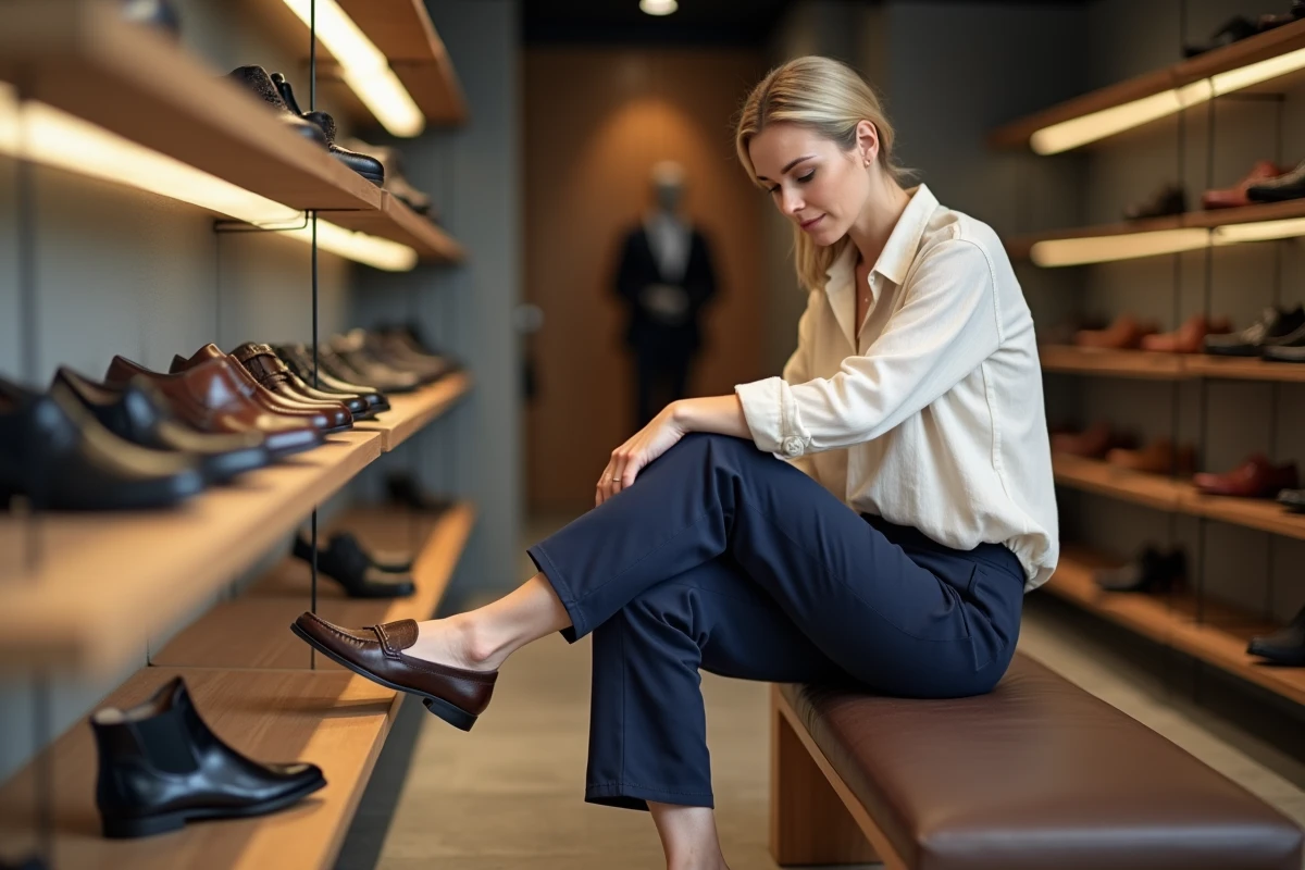 Femme essayant des chaussures Arche en cuir dans une boutique de déstockage, assise sur un banc en bois
