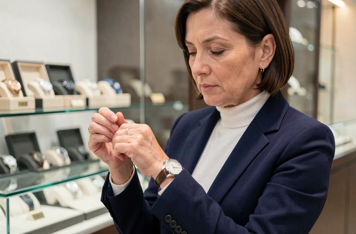 Femme examinant une montre AM-PM dans une boutique horlogerie, portrait trois quarts en blazer marine, ambiance professionnelle