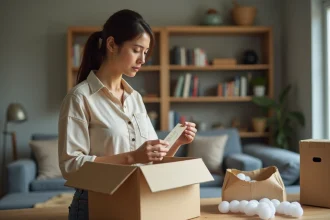 Femme examinant un article reçu avec une étiquette de promotion après un achat sur The Braderie, air sceptique