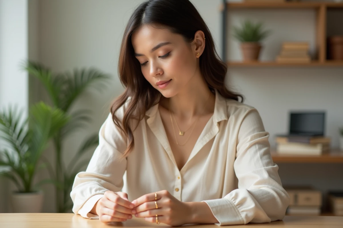 Femme examinant un collier en or SRD Bijoux dans un intérieur naturel