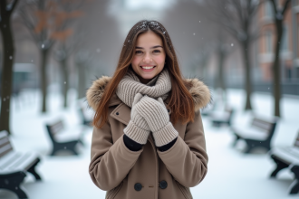 Jeune femme souriante en hiver dans un parc urbain