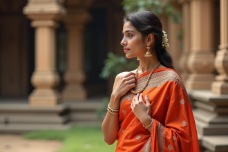 Femme indienne en sari coloré près d'un temple ancien
