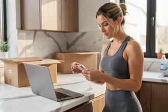 Femme inspectant une étiquette de vêtement Halara après une commande en ligne, debout dans une cuisine moderne