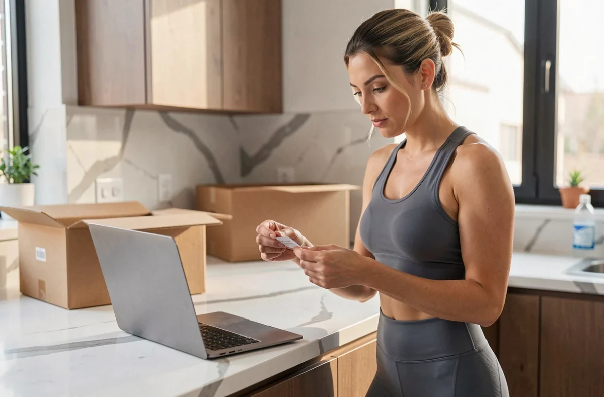 Femme inspectant une étiquette de vêtement Halara après une commande en ligne, debout dans une cuisine moderne