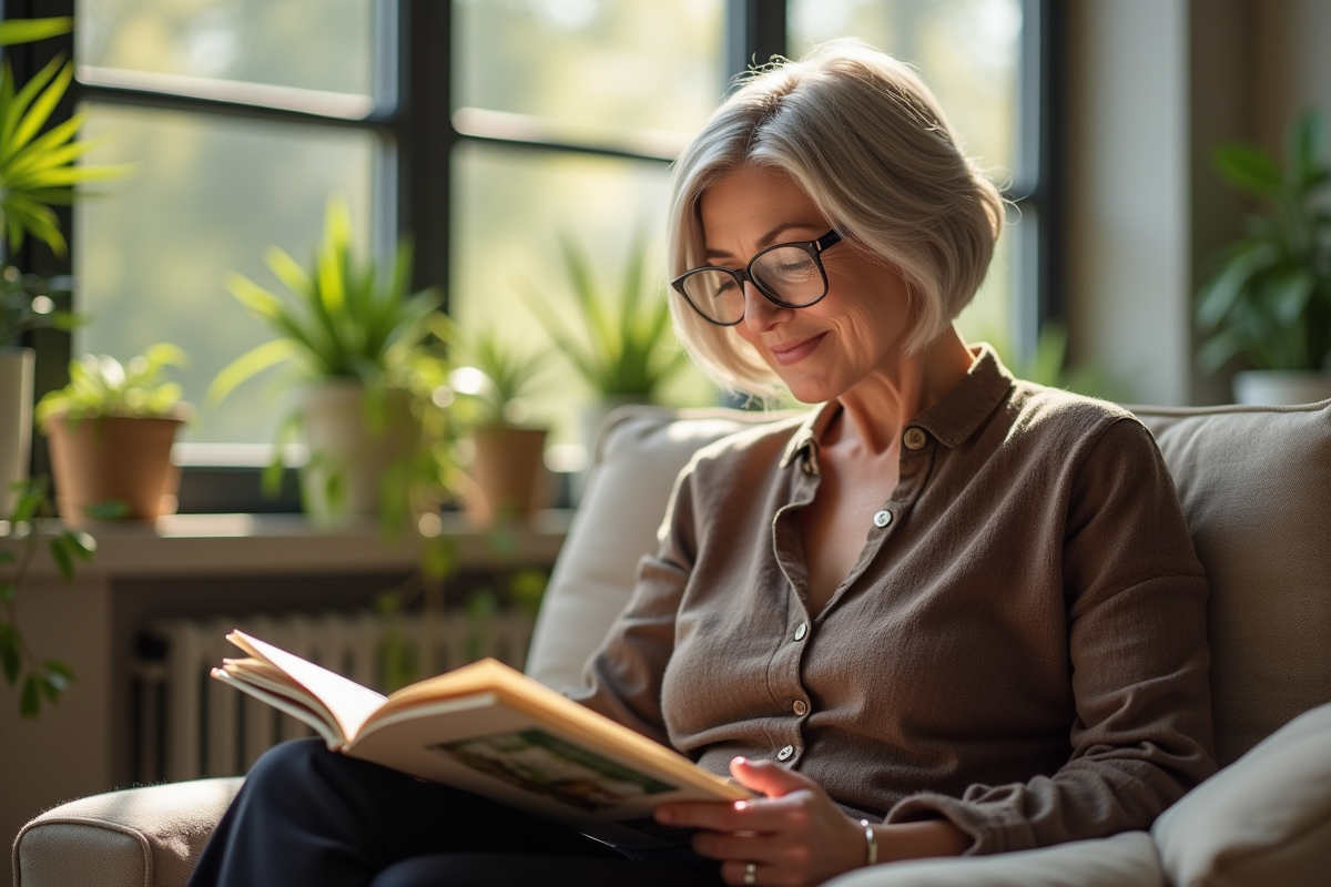 Femme de 60 ans lisant un magazine dans un salon lumineux