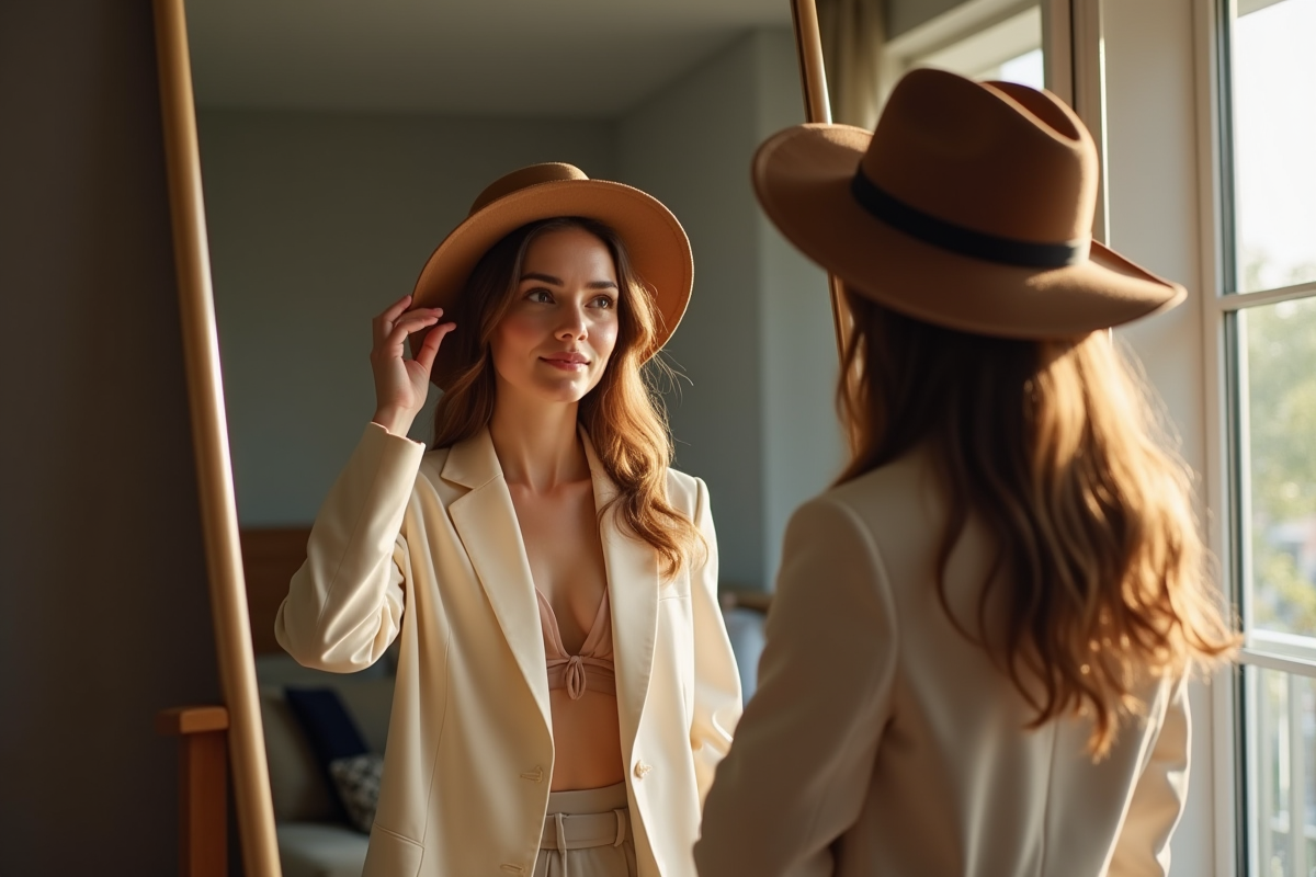Femme élégante essayant des chapeaux dans un miroir lumineux