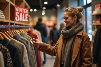 Femme souriante en manteau long lors des soldes d'hiver