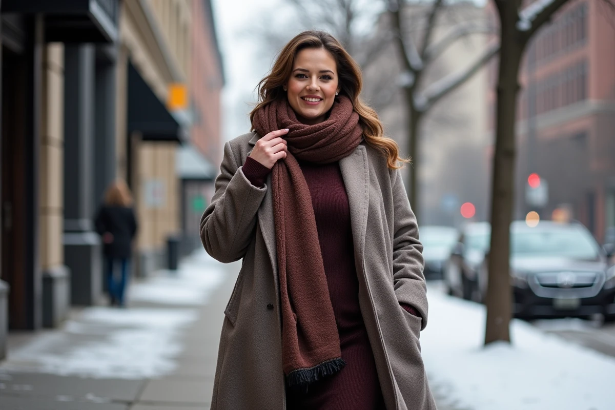 Femme grande taille en manteau hiver dans la ville