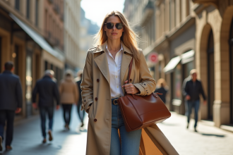 Femme élégante en trench et jeans dans une rue urbaine