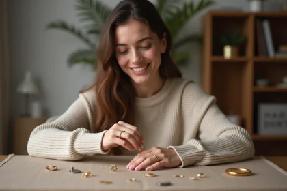 Jeune femme posant une bague en or sur son doigt dans un intérieur cosy