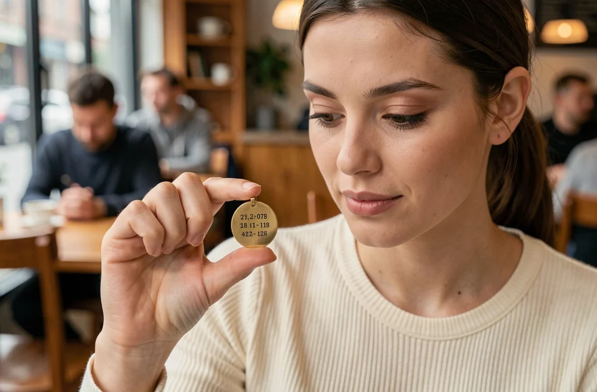 Jeune femme tenant un pendentif rond en or gravé de coordonnées GPS entre ses doigts dans un café moderne