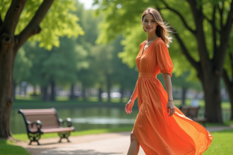 Femme en robe ballon dans un parc urbain verdoyant