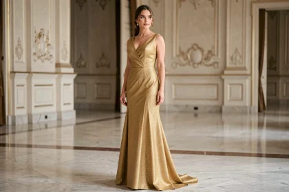 Femme élégante en robe de soirée dorée longue dans un grand salon avec parquet marbré, posture gracieuse et expression naturelle