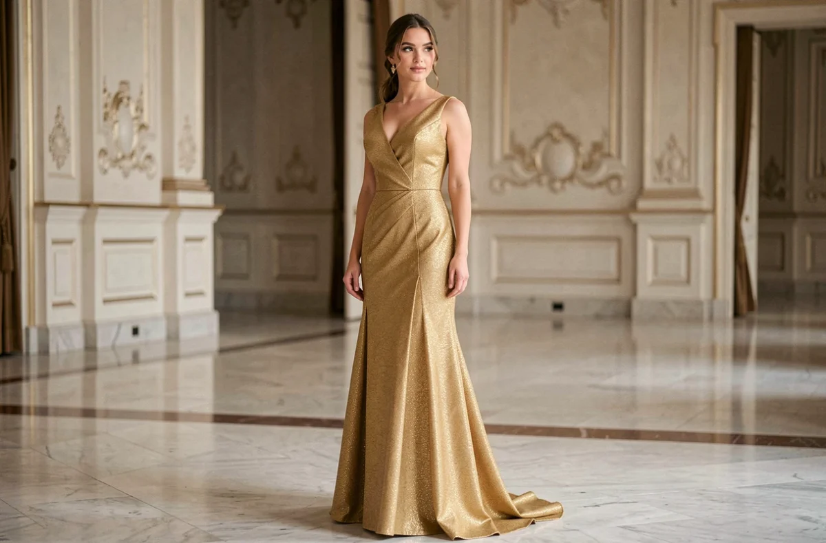 Femme élégante en robe de soirée dorée longue dans un grand salon avec parquet marbré, posture gracieuse et expression naturelle