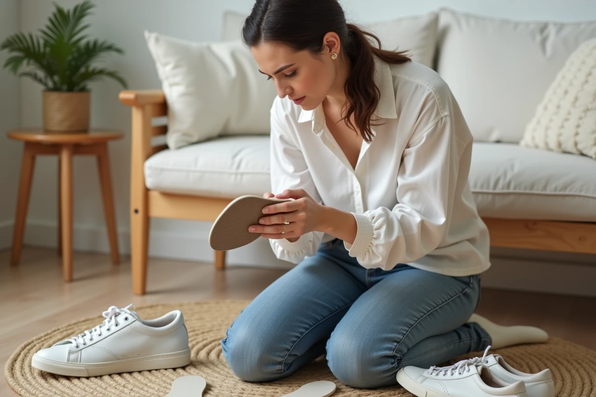 Femme examinant une semelle de chaussure trop grande achetée en ligne, assise dans un salon moderne