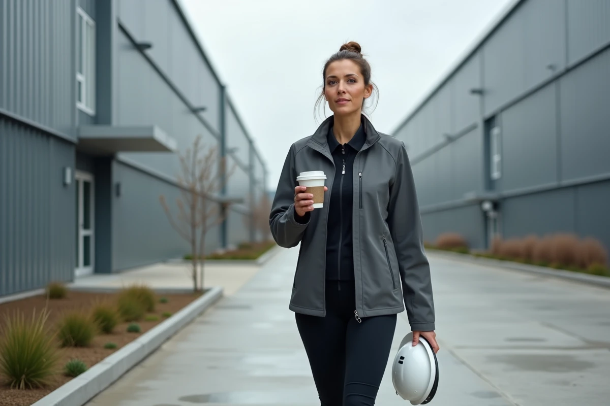 Femme cadre en veste softshell grise coupe pro marchant dans un parc industriel moderne, casque sous le bras, allure dynamique
