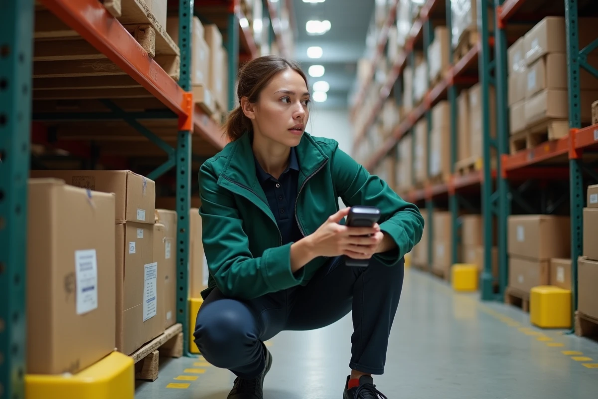Femme en softshell de travail vert dans un entrepôt logistique, accroupie avec un scanner, tissu stretch visible en mouvement