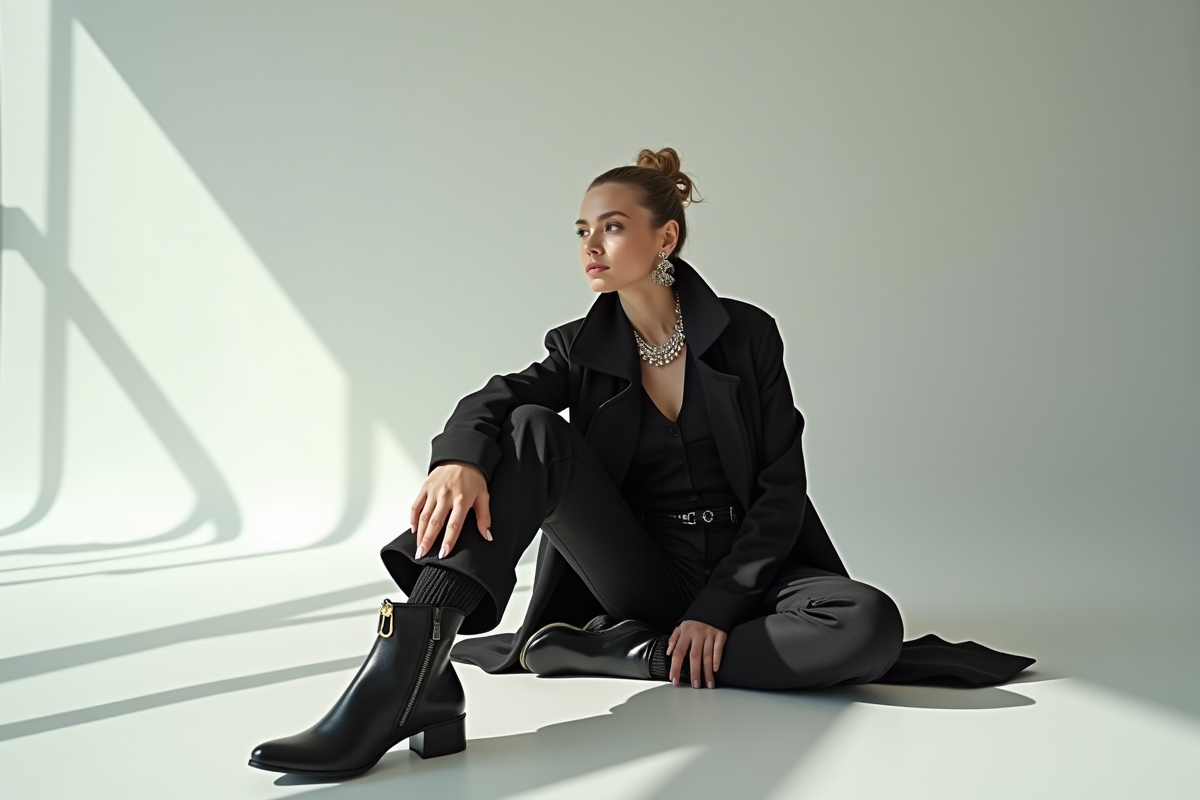 Femme élégante en tenue futuriste dans un studio lumineux
