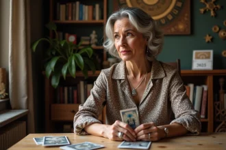 Femme méditative tenant des cartes de tarot zodiacales dans un bureau cosy