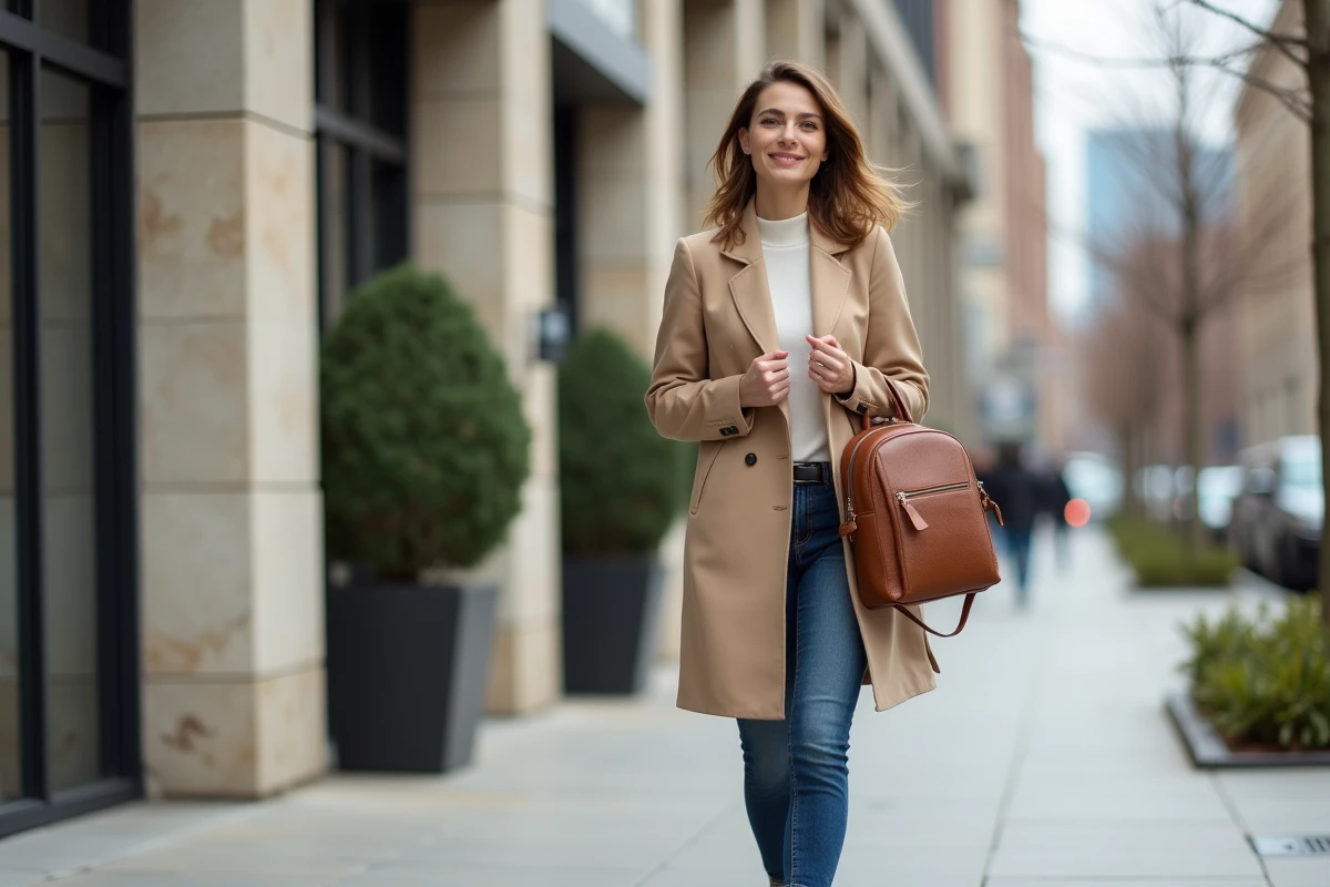 Femme élégante en trench beige et sac à dos urbain