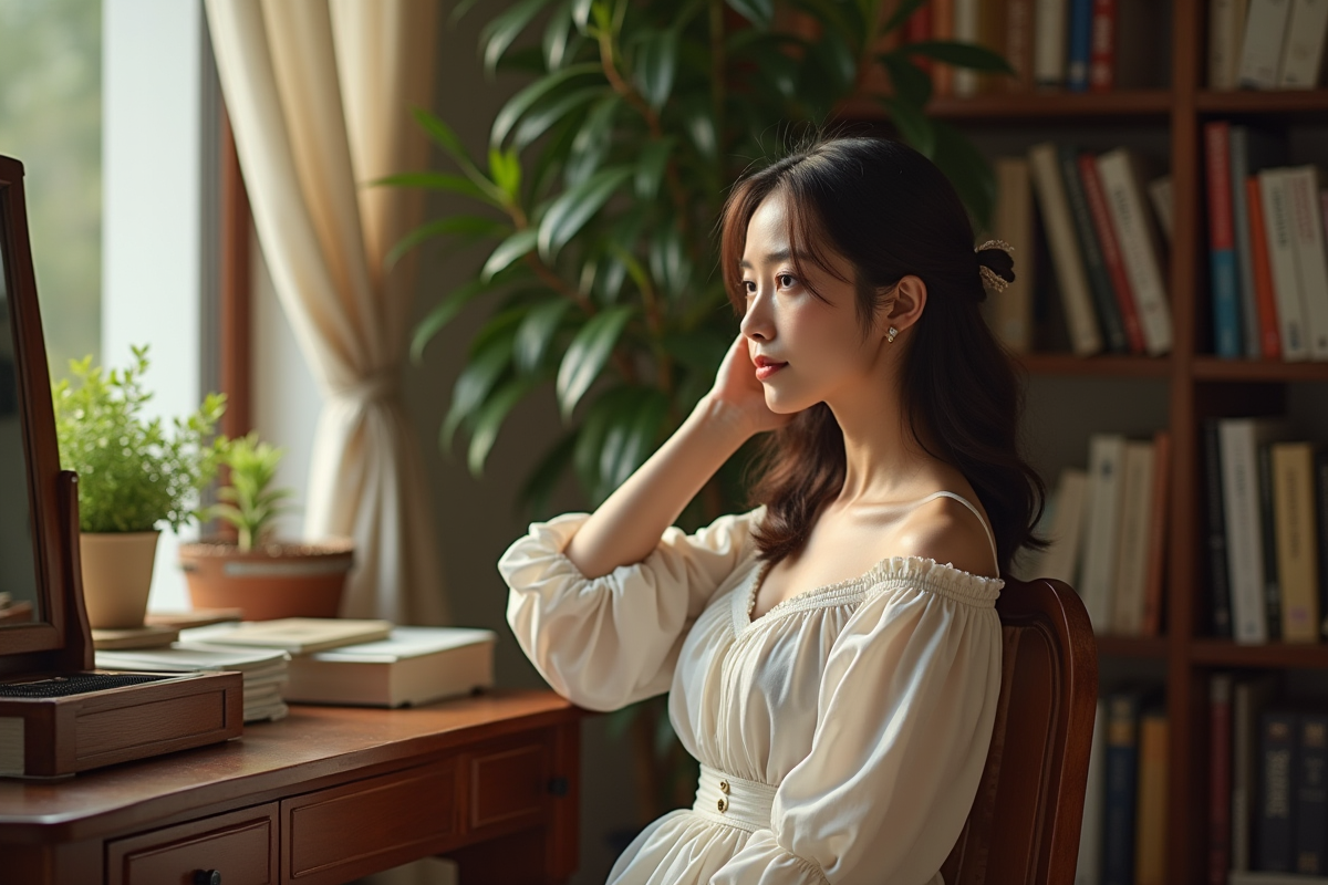 Jeune femme en robe ballon à un vanity vintage intérieur