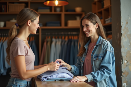 Femme souriante &eacute;changeant des v&ecirc;tements dans une boutique vintage