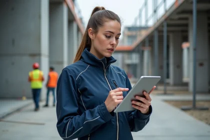 Femme professionnelle portant une veste softshell Modyf sur un chantier, tablette à la main, coupe ajustée et poches multiples bien visibles