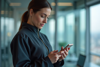 Femme portant une veste connectee examine des donnees sur son smartphone