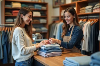 Femme souriante échangeant des vêtements dans une boutique de seconde main