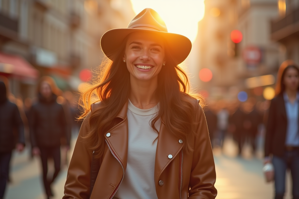 Femme souriante marchant en ville au coucher du soleil