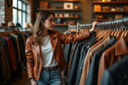 Femme en veste en cuir vintage dans une boutique r&eacute;tro