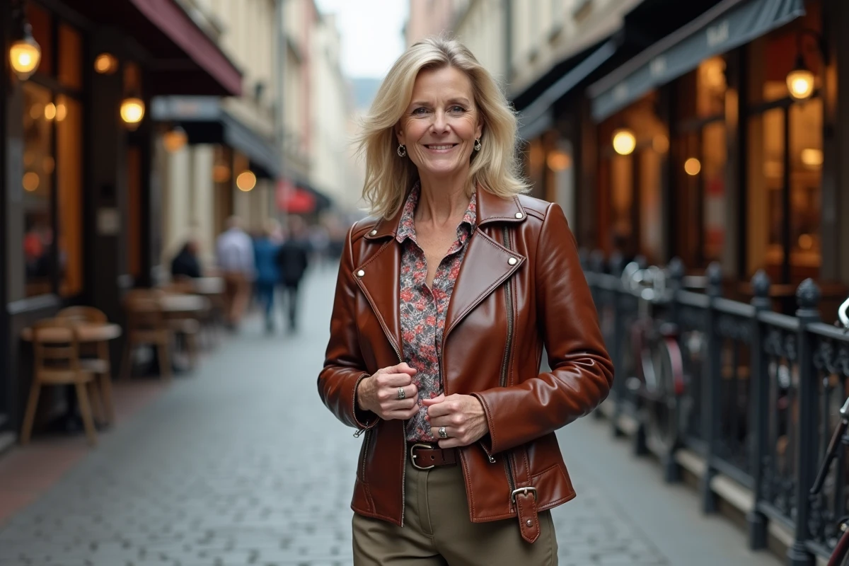Femme en veste en cuir vintage dans une rue urbaine europ&eacute;enne