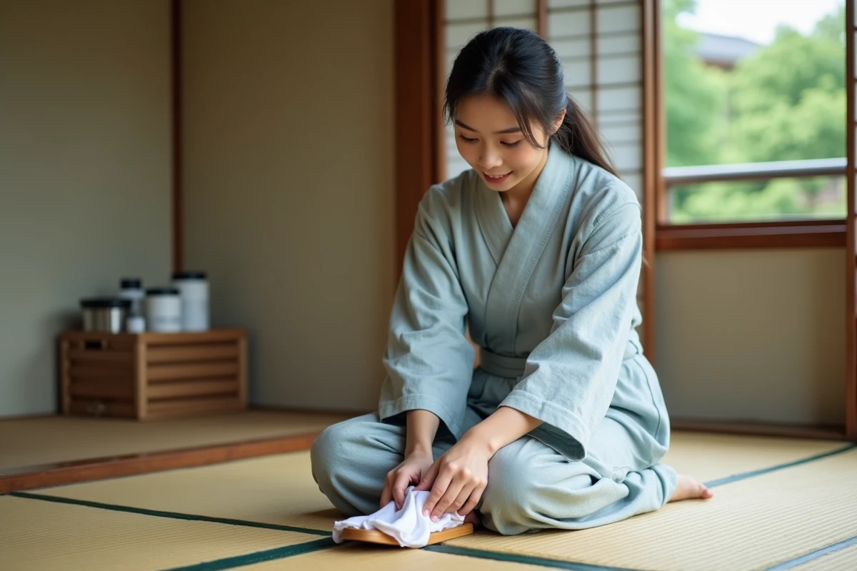 Femme en yukata entretenant ses geta sur un engawa traditionnel japonais avec un chiffon doux