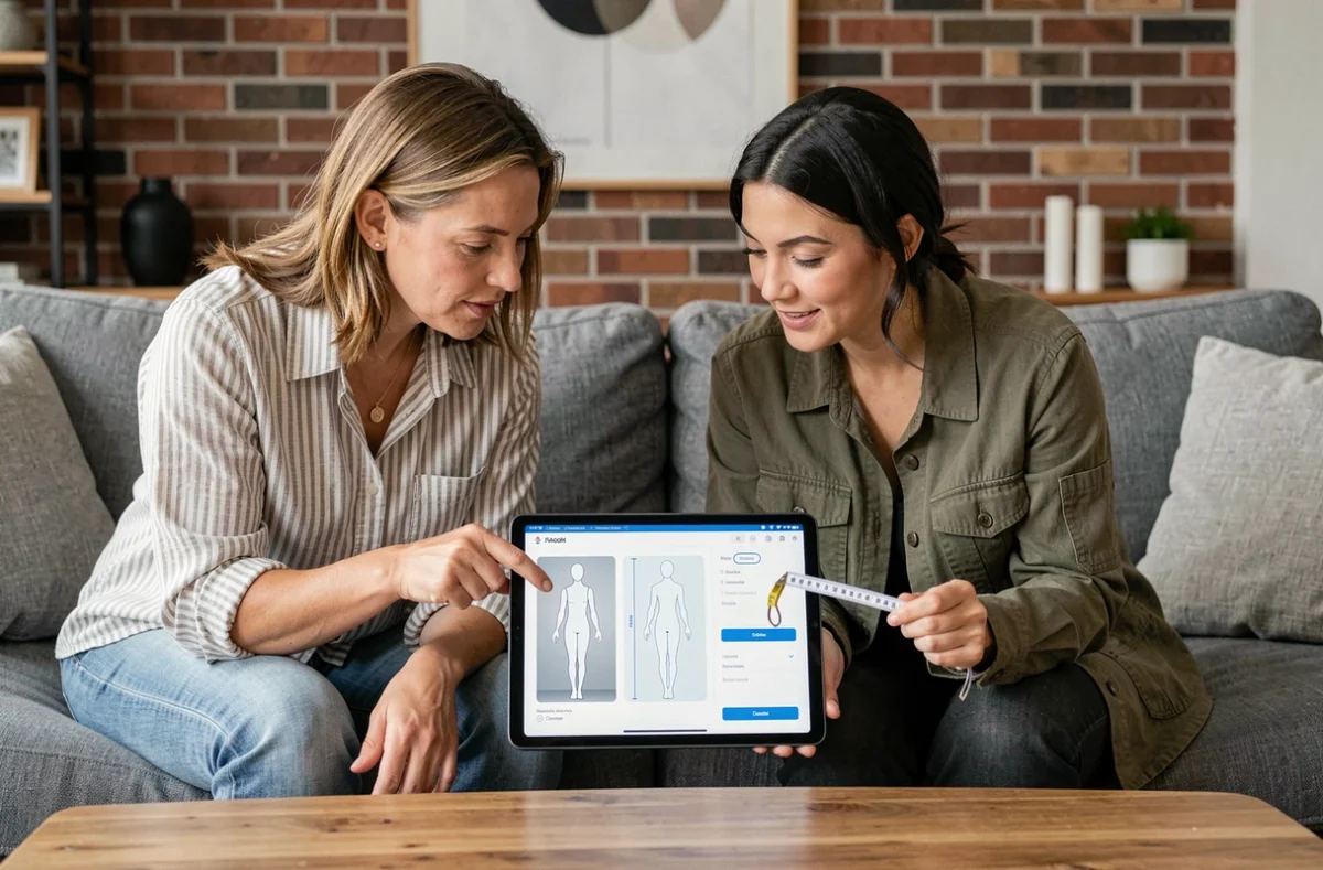 Deux femmes utilisant une application de cabine d'essayage virtuelle sur tablette pour entrer leurs mensurations et éviter les mauvaises surprises lors d'achats de vêtements en ligne