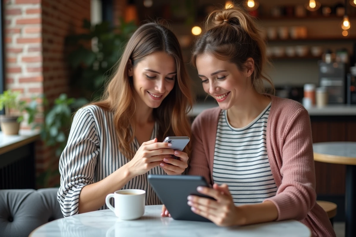 Deux femmes consultant des avis clients sur smartphone et tablette dans un café pour juger une offre promotionnelle en ligne