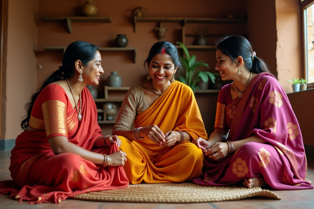 Trois femmes indiennes de générations différentes en sari