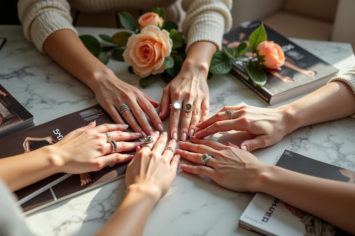 Groupes de femmes avec bagues tendance sur une table en marbre