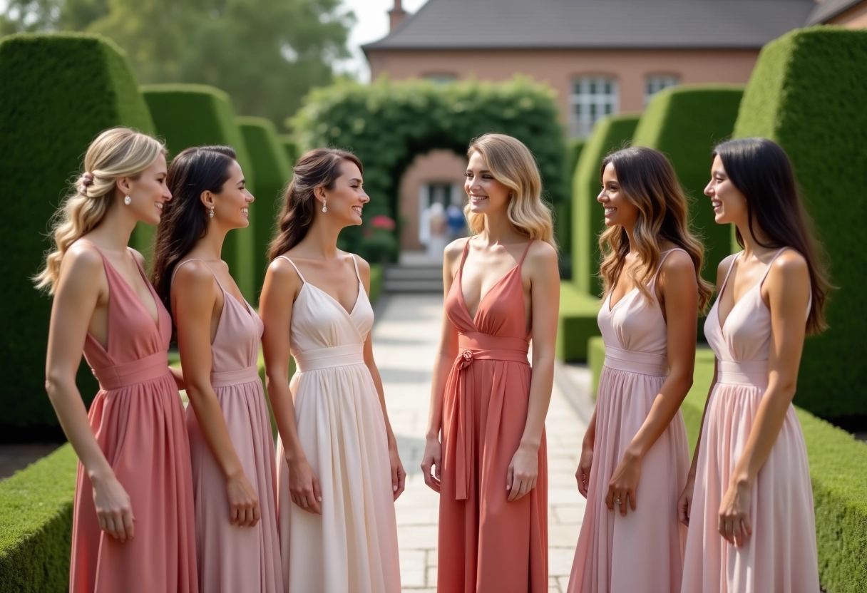 Femmes souriantes en robes lors d’un mariage en jardin