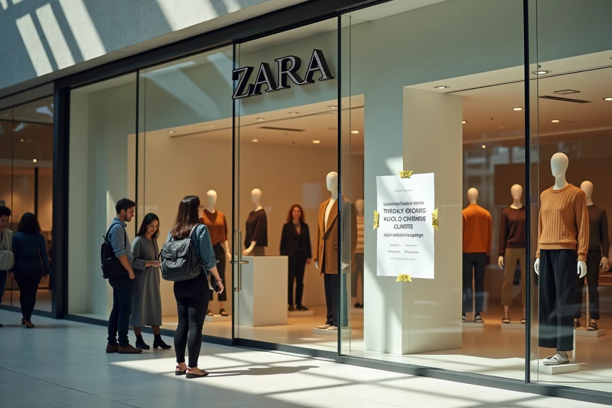 Vitrine d'un magasin Zara en centre commercial avec affiche de fermeture, clients s'arrêtant pour lire l'annonce