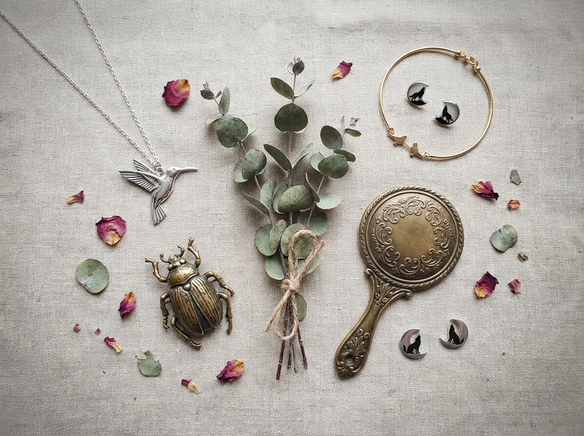 Flat-lay éditorial de bijoux inspirés des animaux — collier colibri, broche scarabée et bracelet oiseaux — sur tissu lin avec accessoires naturels