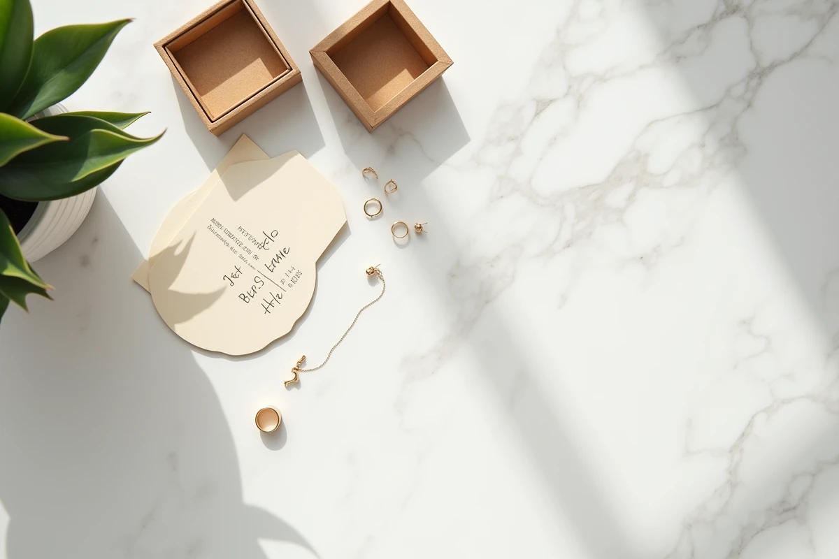 Plat posé de bijoux dorés SRD sur marbre blanc avec boîte kraft