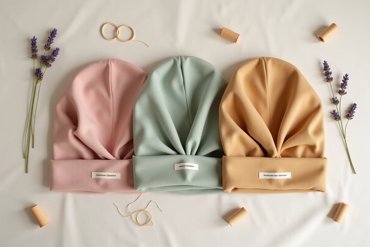 Flat-lay de trois bonnets chimio d'été pour femme en coton, modal et bambou disposés sur une surface en lin naturel