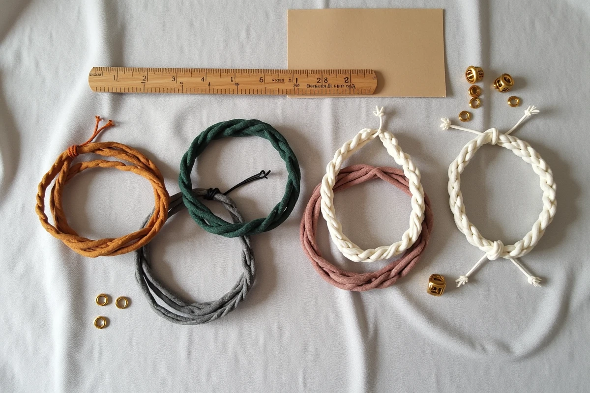 Flat lay de cinq bracelets cordon artisanaux variés en lin ciré, cuir, nylon, coton et soie sur tissu gris clair