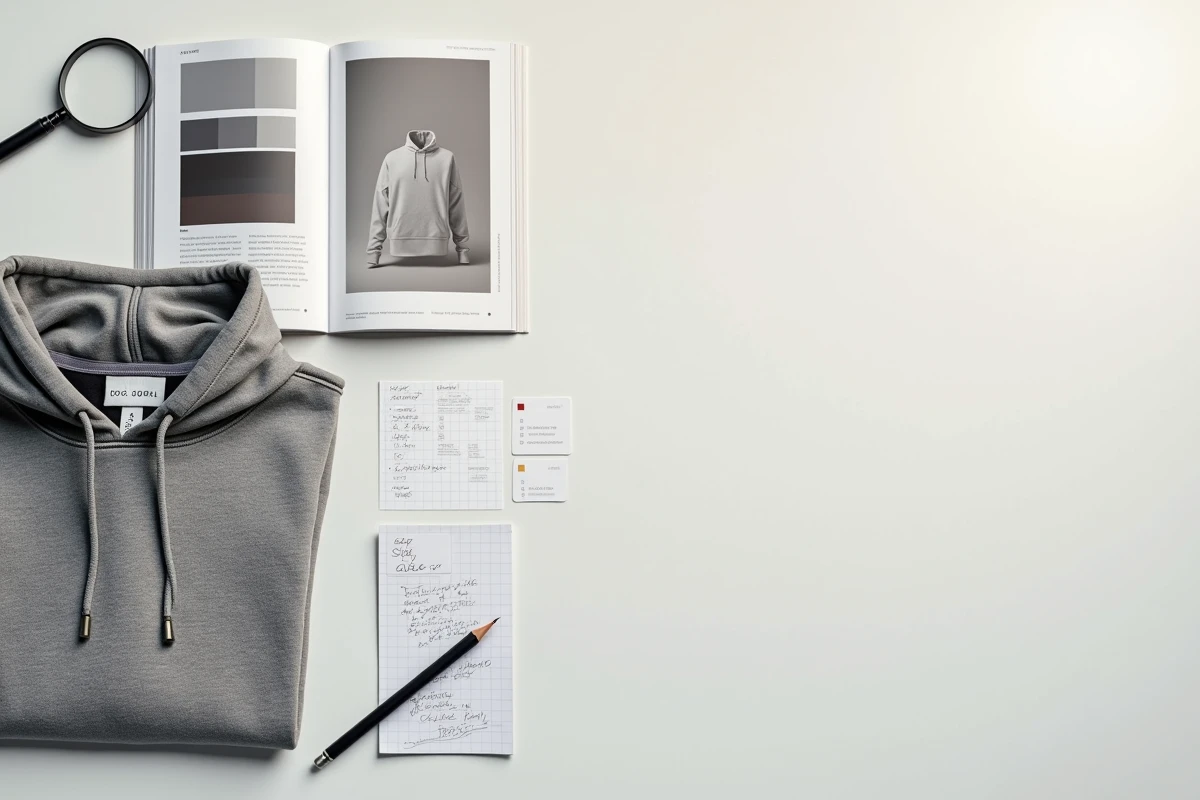 Flat-lay d'un sweat à capuche avec étiquette de marque, guide de style et check-list d'impression de logo vêtement