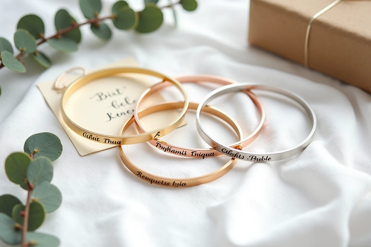 Flat lay de joncs personnalisés en or jaune, or rose et argent brossé gravés sur fond lin blanc
