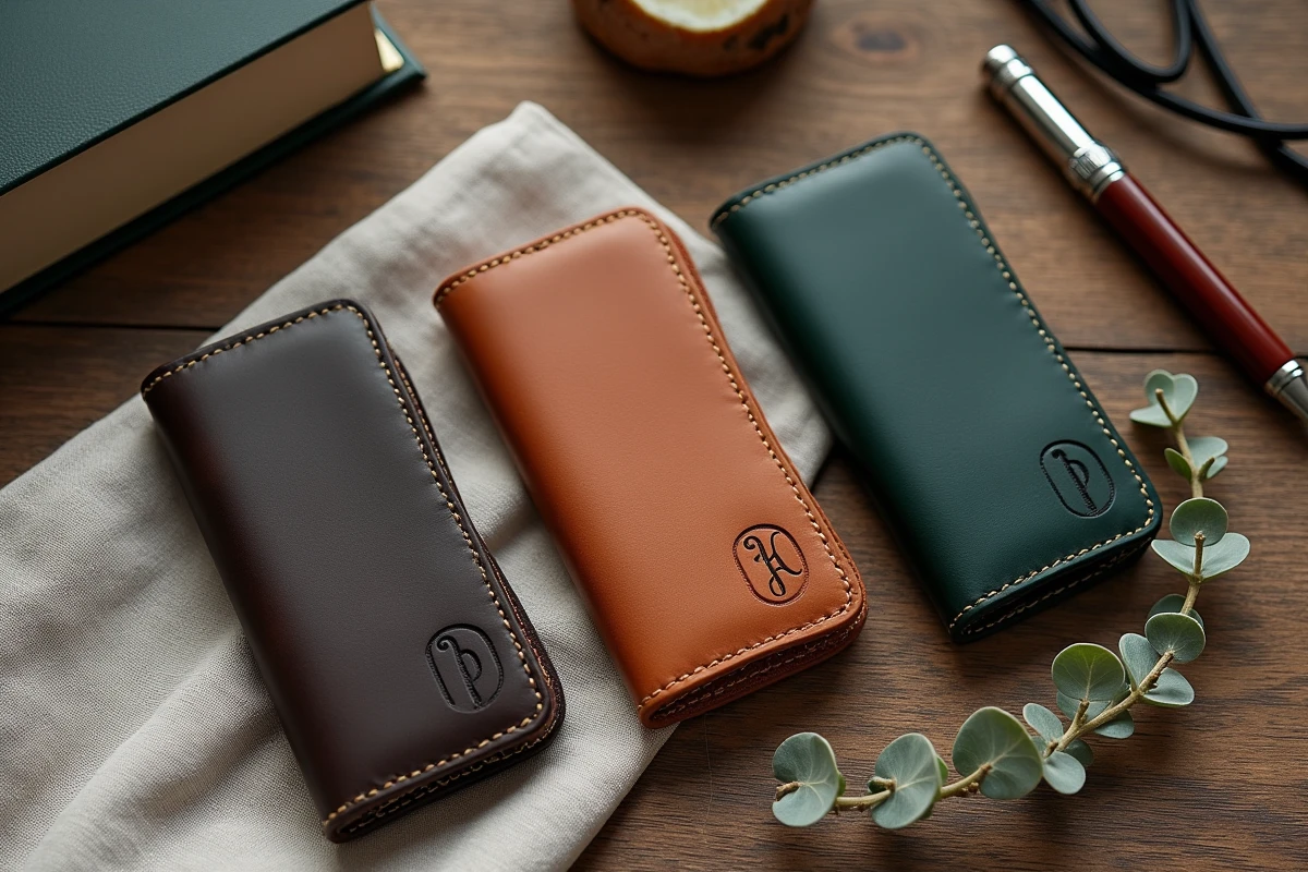 Vue de dessus de trois portefeuilles en cuir personnalisés avec monogramme sur une surface en chêne rustique