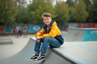 Jeune garçon en skatepark des années 90 avec vêtements décontractés