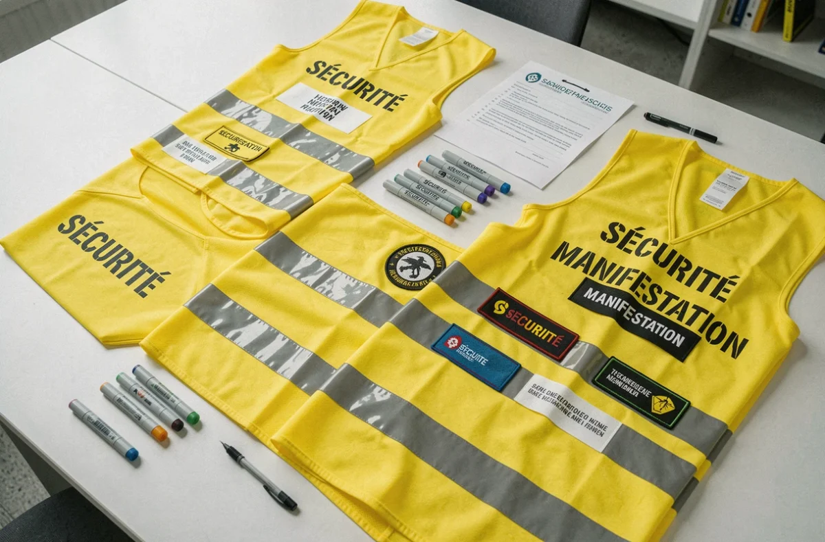 Vue à plat de gilets jaunes personnalisés avec différentes techniques : marqueurs, lettres adhésives et patches brodés