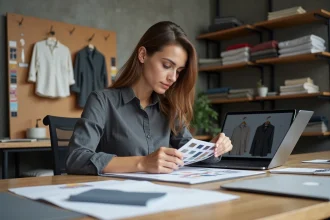 Graphiste étudiant des épreuves d'impression de logo de marque de vêtements sur un bureau de studio professionnel